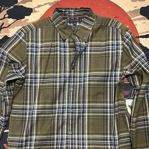 Tommy Hilfiger Olive and Blue Plaid Button-Down Shirt